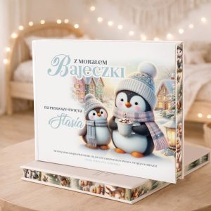 Książka z wizerunkiem pingwinów w zimowych czapkach, prezentująca bajki dla dzieci na pierwsze święta.