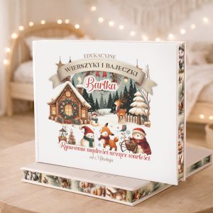 Książka edukacyjna "Wierszyki i Bajeczki" z ilustracjami przedstawiającymi zimowy krajobraz i postacie zwierząt.