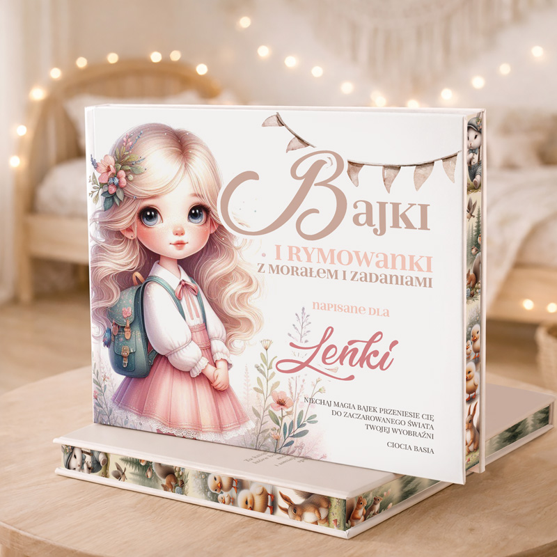 Ilustrowana książka z bajkami i rymowankami z motywem dziewczynki z długimi włosami i plecakiem, dedykowana.