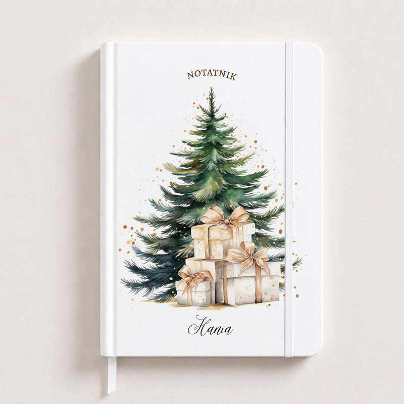 Notes book with a painted Christmas tree and wrapped gift boxes, featuring the name "Hania" at the bottom.