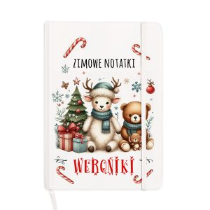 Personalizowany notes z grafiką świąteczną, w tym renifera, misia i cukrowych lasek.