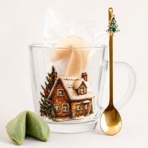 Szklanka z obrazkiem domku w lesie, w środku z ciasteczkiem wróżby, obok zielone ciasteczko i złota łyżeczka z choinką.
