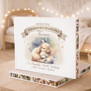 Jasna okładka książki z ilustracją królika przytulającego małego króliczka, z napisem "Edukacyjne Wierszyki i Bajeczki".