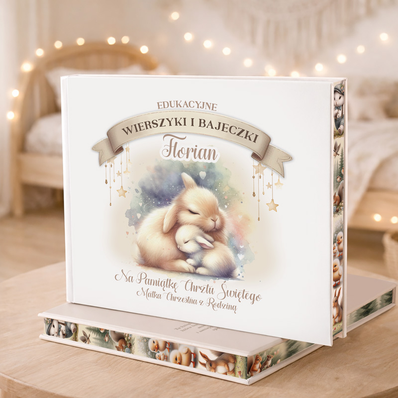 Jasna okładka książki z ilustracją królika przytulającego małego króliczka, z napisem "Edukacyjne Wierszyki i Bajeczki".