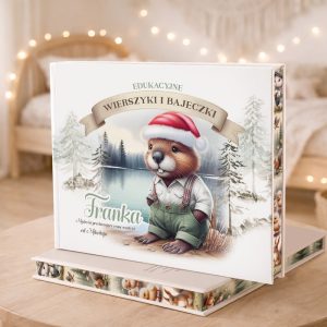 Książka edukacyjna "Wierszyki i Bajeczki" z uroczym bobrem w czerwonej czapce świątecznej na okładce, na tle lasu.