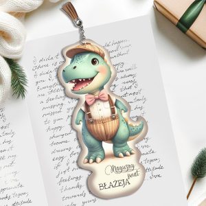 Personalizowana zakładka do książki „Magiczny Świat Błażeja” z uroczym dinozaurem w stylu retro.