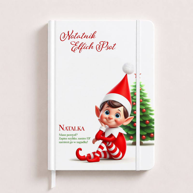 Notatnik z ilustracją małego elfa w czerwonym stroju, siedzącego obok choinki, z napisem "Natalka" i zachętą do zapisywania pomysłów.