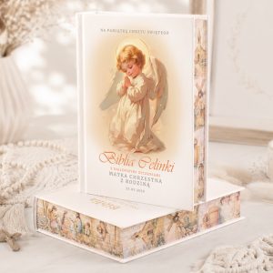 Piękna biblia z motywem małego aniołka z personalizacją.