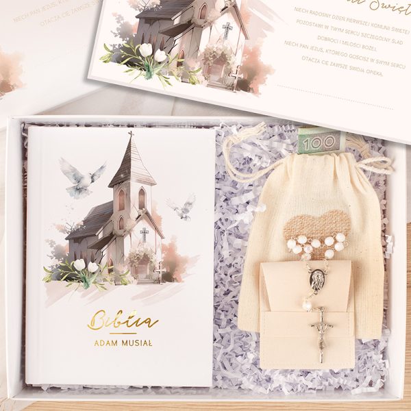 PREZENT Na Komunię Świętą Dla Chłopca Personalizowany Z Różancem