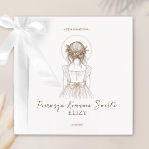 Elegant zaproszenie na pierwszą komunię, z rysunkiem dziewczynki z kokardą i kwiatami we włosach. Data 21/05/2027.