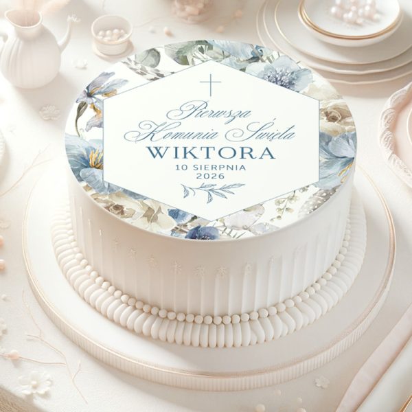 OPŁATEK Na Tort Komunia W Błękicie. Komunijny opłatek personalizowany data i imieniem dziecka.