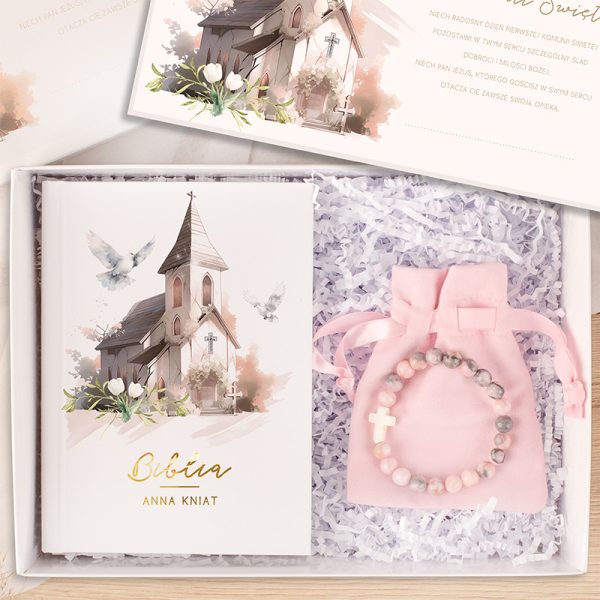 PREZENT Na Komunię Świętą Dla Dziewczynki Z Biblią i Bransoletką. Personalizowana biblia.