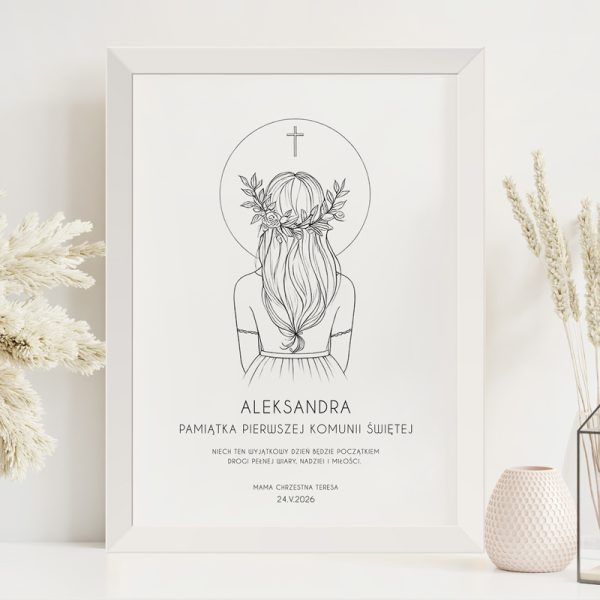 PLAKAT W Ramce Personalizowana Pamiątka Komunii Św. Dziewczynki