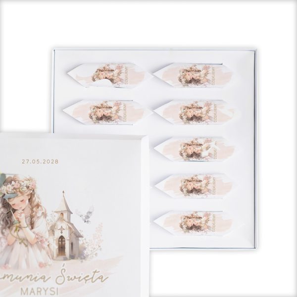 eleganckie podziekowanie dla chrzestnych bombonierka komunia swieta dziewczynki 2025 pastelowa grafika