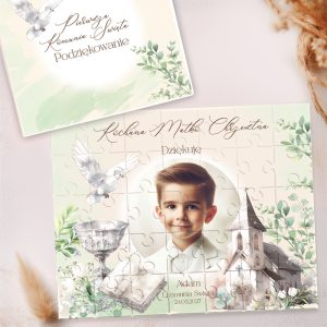 Puzzle przedstawiający chłopca w koszuli, otoczonego motywami religijnymi, takimi jak biała gołębica i kielich.