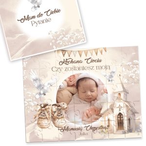 Romantyczna układanka z wizerunkiem śpiącego dziecka, zdobiona gołębiami i elementami dekoracyjnymi.