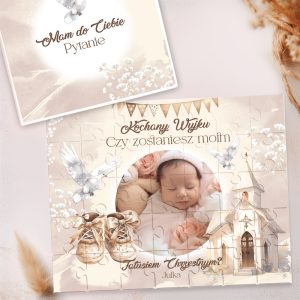 Kartka z puzzle z wizerunkiem dziecka w białym ubranku, kwiatami i napisem "Kochany Wujku, Czy zostaniesz moim Tatusiem Chrzestnym?"