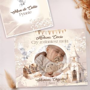 Ilustracja puzzli z napisem "Kochana Ciociu Czy zostaniesz moja Mamusią Chrzestną?" z wizerunkiem niemowlęcia trzymającego pluszowego misia.