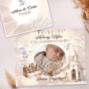 Ilustracja przedstawia puzzle z wizerunkiem śpiącego dziecka trzymającego misia, w otoczeniu białych gołębi i elementów religijnych.