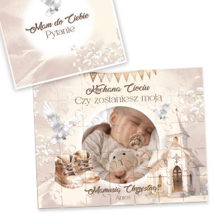 Puzzle z ilustracją śpiącego niemowlęcia z pluszowym misiem, otoczonego białymi gołębiami i delikatnym, pastelowym tłem.