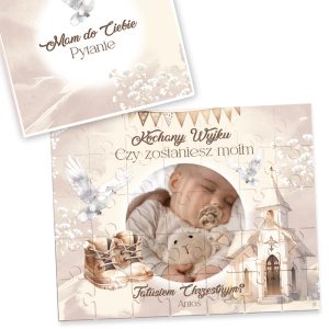 Puzzle z napisem "Kochany Wujku", przedstawiający noworodka z pluszowym misiem, obok stylizowany kościółek i dziecięce buciki.