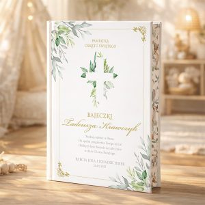 Elegancka książka z białą okładką ozdobioną zielonymi liśćmi, zawierająca tytuł 'Bajeczki Tadeusza Krawczyka' oraz napis 'Pamiątka Chrztu Świętego', umieszczona na drewnianym blacie, w tle miękkie światło i dekoracyjne elementy wnętrza.