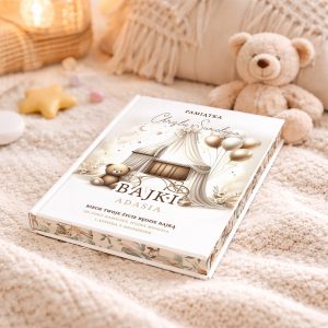 Książka zatytułowana 'Bajki Adasia' leży na jasnej, miękkiej narzucie, obok pluszowego misia i dekoracji w kształcie gwiazdy; okładka książki ozdobiona ilustracjami balonów i misia, z napisem w języku polskim i ukraińskim.