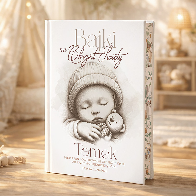 Okładka książki z tytułem "Bałki na Chrzest Święty", przedstawiająca śpiące dziecko w czapce z pluszowym misiem, z imieniem "Tomek" na dole i zachętą o prowadzeniu przez życie jak przez najpiękniejszą bajkę. Tło w odcieniach beżu ze stonowanym dekoracyjnym wzorem na grzbiecie.
