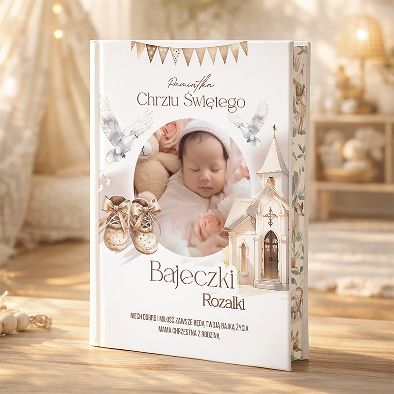 Okładka albumu z napisem 'Pamiątka Chrztu Świętego', przedstawiająca małe dziecko w różowych różach na tle stylizowanego kościoła i uroczych bucików z kokardkami. Książka umieszczona na drewnianym stole.