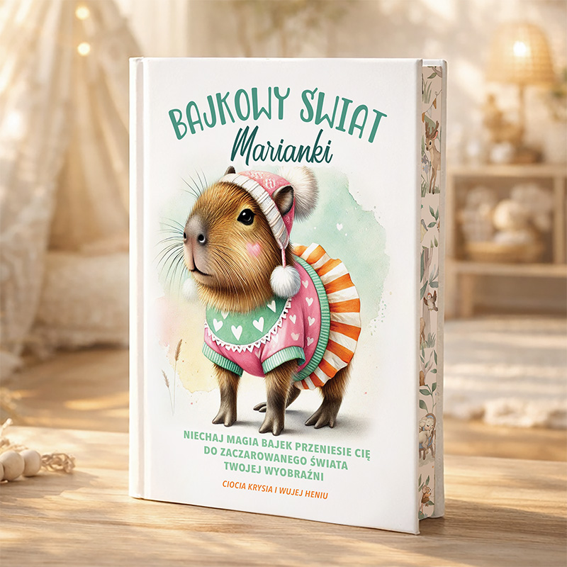 Ilustracja okładki książki "Bajkowy Świat Marianki", przedstawiająca urocze świnki morskie w kolorowej odzieży, na tle jasnego, przytulnego wnętrza z ozdobami i dekoracjami.
