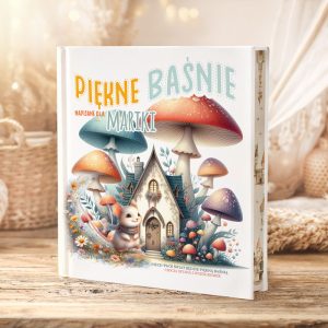 Ilustrowana okładka książki "Piękne Baśnie" z domkiem, grzybami i uroczym zwierzątkiem wśród kolorowych деталей.