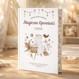 Okładka książki "Magiczne Opowieści Hani" z ilustracjami w pastelowych kolorach, przedstawiającymi koszyk, mleczko, zabawki oraz inne dziecięce akcesoria, w eleganckim wnętrzu o miękkim, przytulnym tle.
