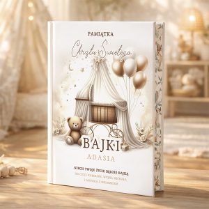Okładka książki z napisem 'Pamiątka Chrztu Świętego', przedstawiająca łóżeczko dziecinne ozdobione białym materiałem i balonami w odcieniach złota, z pluszowym misiem obok, w pastelowym wnętrzu.
