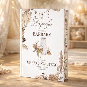 Okładka książki z tytułem 'Bajeczki' na pamiątkę chrztu dla Barbary, zdobiona roślinnymi motywami i złotymi akcentami, z datą 21.09.2027.