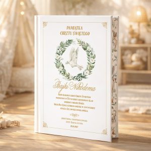 Książka pamiątka chrztu świętego z białą okładką, ozdobiona złotym napisem oraz ilustracją gołębia w zielonym wieńcu, na tle zdjęcia w przytulnym wnętrzu.