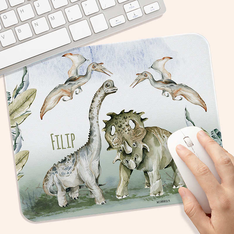 Personalizowana podkładka pod myszkę dla dziecka z ilustracją dinozaurów