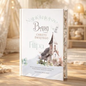 Książka zatytułowana "Najpiękniejsze Bajki z okazji Chrztu Świętego Filipa", przedstawiająca ilustrację kościoła i dekoracje roślinne, na tle jasnego wnętrza.