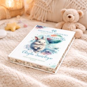Książka z tytułem "40 magicznych opowieści spisanych dla Honoratki" leży na jasnym, miękkim tle, obok pluszowego misia i dekoracyjnych elementów, takich jak gwiazdka i kwiaty; okładka przedstawia ilustrację kota z balonem.