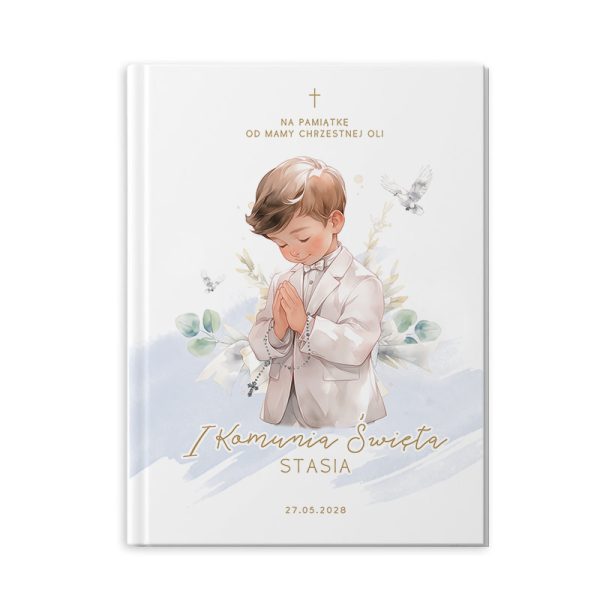 Personalizowana biblia komunijna z grafiką chłopca i imieniem
