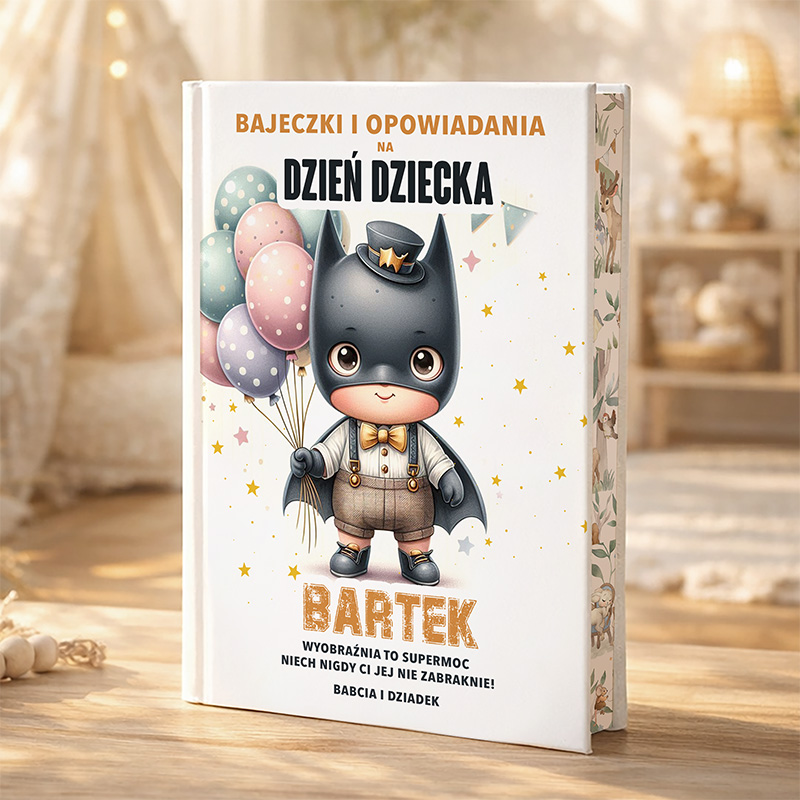 Ilustracja okładki książki z tytułem 'Bajeczki i opowiadania na Dzień Dziecka', przedstawiająca małego chłopca w kostiumie superbohatera z balonikami. Chłopiec nosi kapelusz i uśmiecha się, a tło jest jasne z delikatnymi dekoracjami.