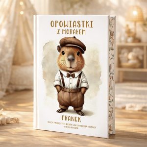 Okładka książki przedstawiająca uroczego świstaka w eleganckim ubraniu, z kapeluszem i muszką. Tytuł 'Opowiastki z Moralem' jest wyraźnie widoczny u góry, a poniżej napisane jest imię 'Franek' oraz dedykacja 'Niech twoje życie będzie jak ulubiona książka, Ciocia Renata'. W tle widać przytulne wnętrze.