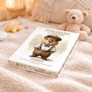 Ilustrowana książka dla dzieci zatytułowana 'Opowiastki z Morałem', przedstawiająca sympatycznego, ubranego w elegancki strój gnoma z kapeluszem. W tle znajduje się pluszowy miś i beżowe, przytulne otoczenie.