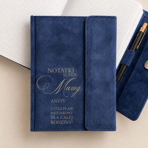 Niebieski notes z napisem "NOTATKI SUPER MAMY ANETY CZYL I PLAN RATUNKOWY DLA CAŁEJ RODZIN Y!" na okładce.