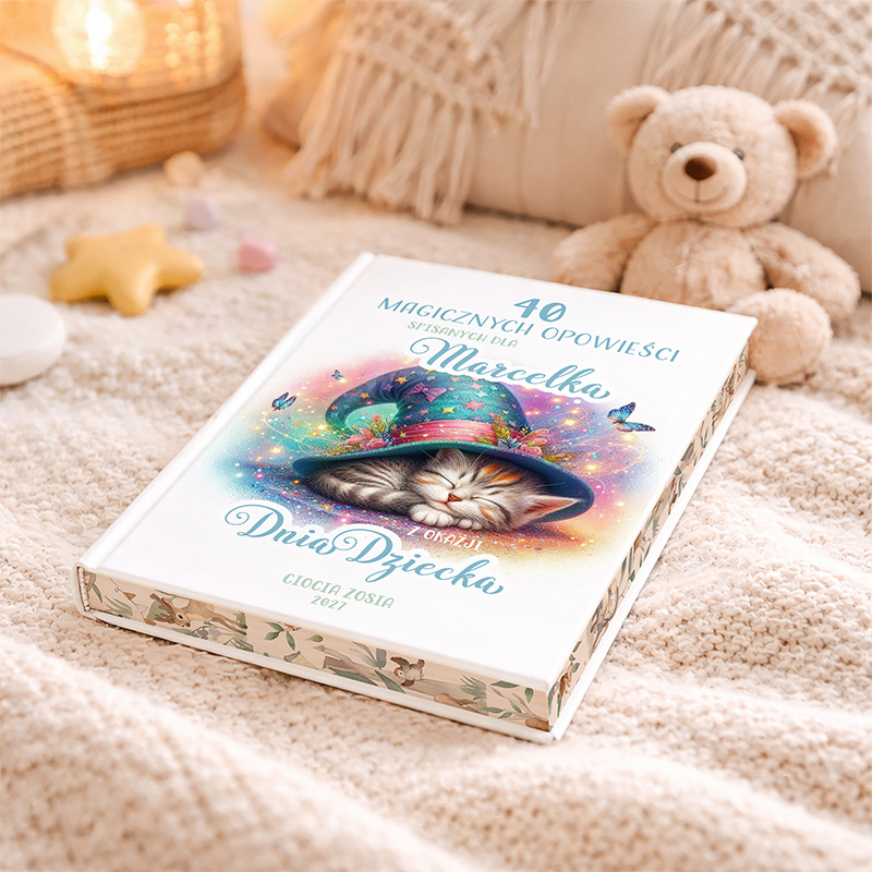 Książka zatytułowana "40 magicznych opowieści" leży na miękkim, jasnym kocyku, obok pluszowego misia. Okładka książki zdobiona jest wizerunkiem kota w kapeluszu z błyszczącymi dodatkami i motylami. W tle widoczne są elementy dekoracyjne, takie jak gwiazdki i kwiaty.