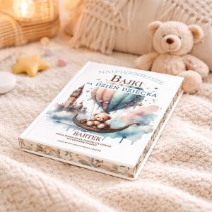 Książka zatytułowana 'Najpiękniejsze bajki na Dzień Dziecka', z ilustracją misia w balonie na okładce, leży na miękkim kocyku obok pluszowego misia i kolorowych drobnych przedmiotów dekoracyjnych.