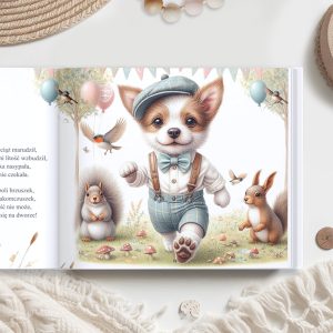 Ilustracja przedstawiająca radosnego szczeniaka rasy Corgi w eleganckim stroju z muszką, biegnącego po zielonej łące. Towarzyszą mu wiewiórka i królik, w tle unoszą się balony i fruwają ptaki. Na ziemi rosną grzyby, a w oddali widoczne są drzewa i kolorowe proporce.