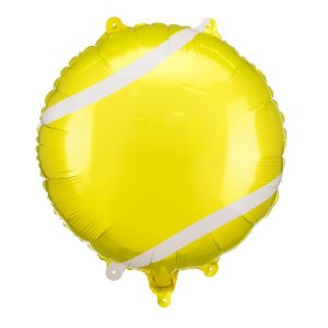 Balon w kształcie piłki tenisowej, żółty z białym paskiem, unosi się na białym tle.