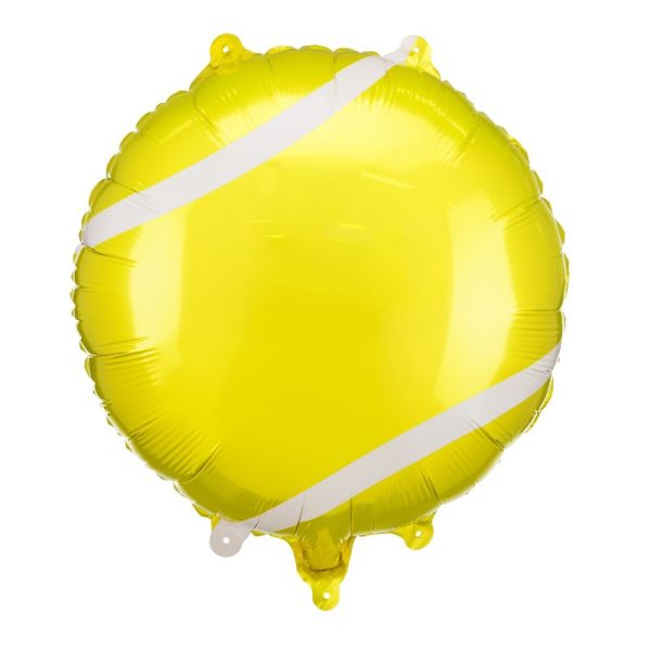 Balon w kształcie piłki tenisowej, żółty z białym paskiem, unosi się na białym tle.