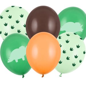 Sześć balonów w kolorach zielonym, pomarańczowym, brązowym i jasnozielonym, ozdobionych wizerunkami dinozaurów i tropami na jasnozielonym tle.