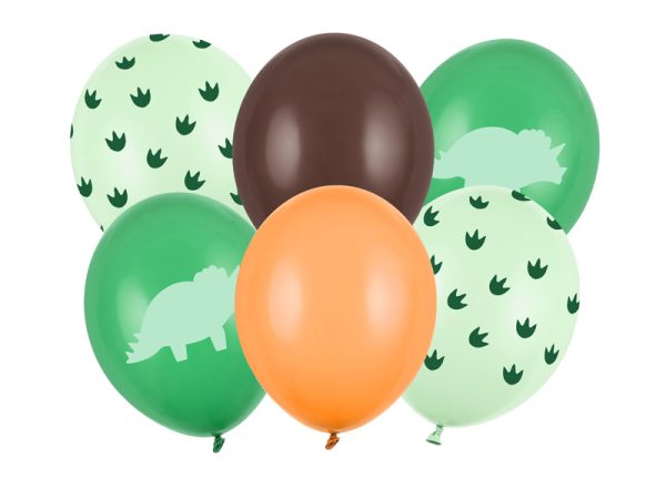 Sześć balonów w kolorach zielonym, pomarańczowym, brązowym i jasnozielonym, ozdobionych wizerunkami dinozaurów i tropami na jasnozielonym tle.